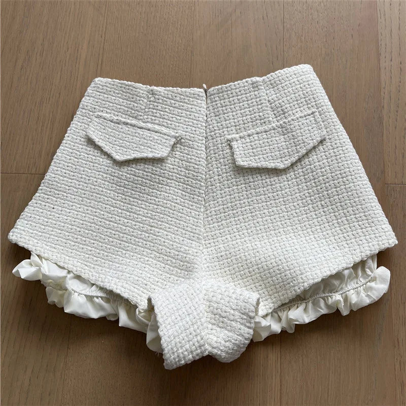 Autumn Winter New Woven Tweed Fungus Edge Buckle Shorts Femininity Versatile High Waist Pure Desire Wind Boots Short Pants.