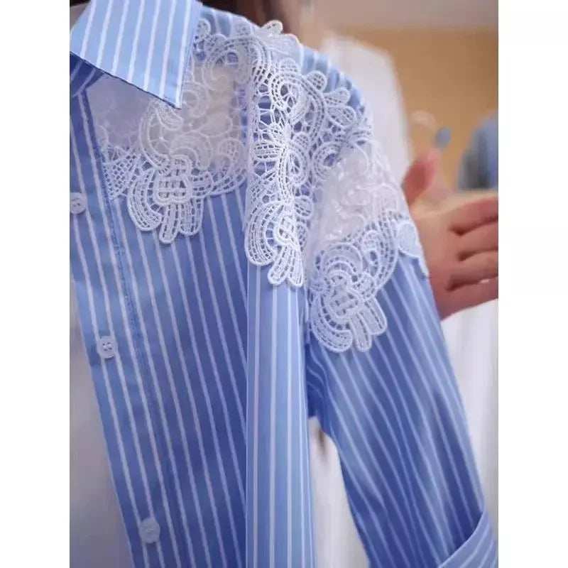 Lace Hook Splicing Polo Neck Striped Women Shirt Spring New Loose Jacket Top.