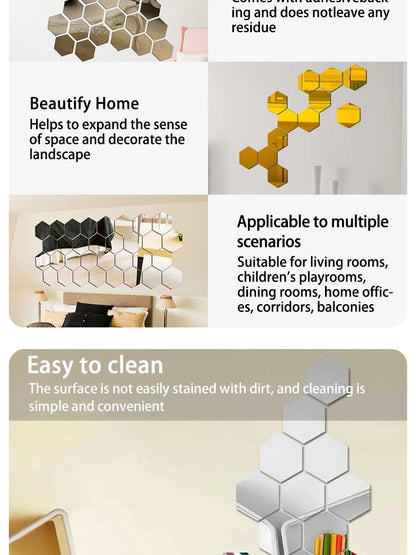 12PCS/Lot Removable Geometric Mirror Wall Stickers - Solid Hexagonal Shape, DIY with Built-in Adhesive for Home Decoration.