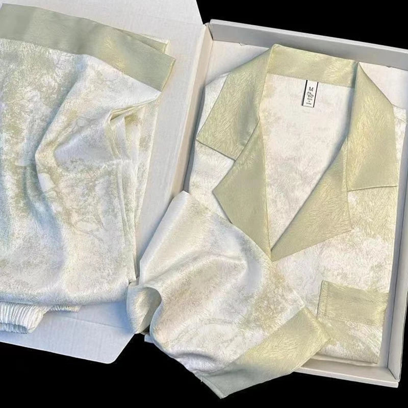 New Ice Silk Women Pajama Lapel Button Cardigan Outfits for Women 2 Piece Set Fashion Printing Set Clothes for Women.