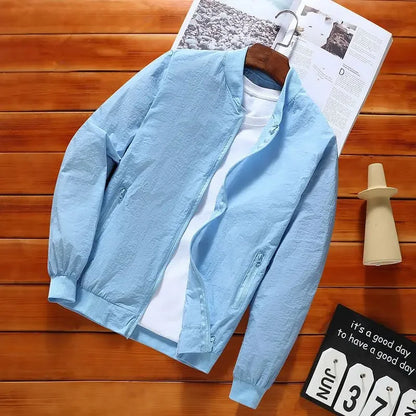 2024 Summer New Thin Style Round Neck Long Sleeve Screw Thread Zipper Jacket Man Solid Color Pockets Casual Sunscreen Clothing.