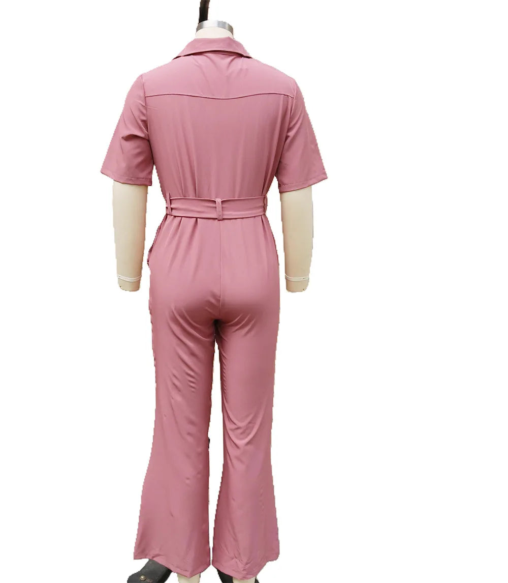 New Spring Summer Women Jumpsuits, Elegant Office Lady Jumpsuit Solid Color Belt Short Sleeve Casual Overalls Wide Leg Pants.