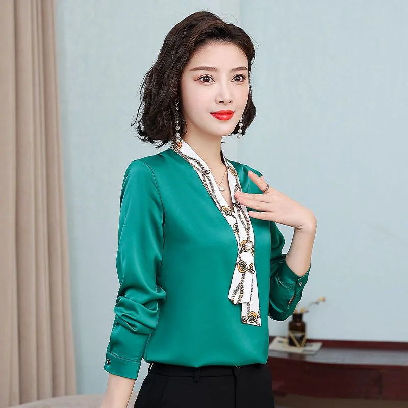 Women's fashionable streamer tops fashionable and elegant small fragrance style covering the belly satin shirt