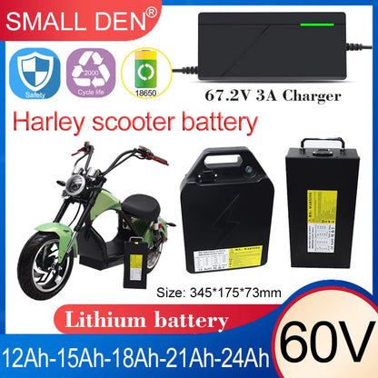 Harley battery 60V 12Ah 15Ah 18Ah 21Ah 24Ah Lithium cell pack Original With BMS For 1800W E-scooter motorcycle +67.2V 3A Charger.