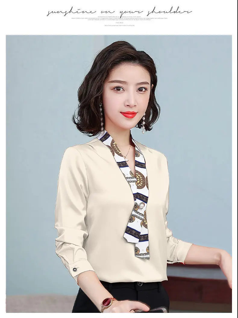 Women's fashionable streamer tops fashionable and elegant small fragrance style covering the belly satin shirt.