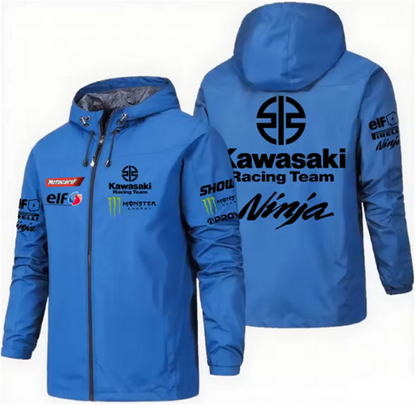 Racing team jacket with Kawasaki logo, men's waterproof and windproof sportswear, 2025 new outdoor sports fashionable fan jacket.