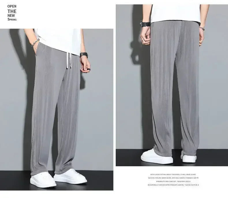 Summer Loose Ice Silk Pants Men's Drape 100KG Size Long Pants Fat Casual Sports Pants Wide Leg Straight Pants Tide Brand.