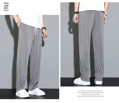 Summer Loose Ice Silk Pants Men's Drape 100KG Size Long Pants Fat Casual Sports Pants Wide Leg Straight Pants Tide Brand.