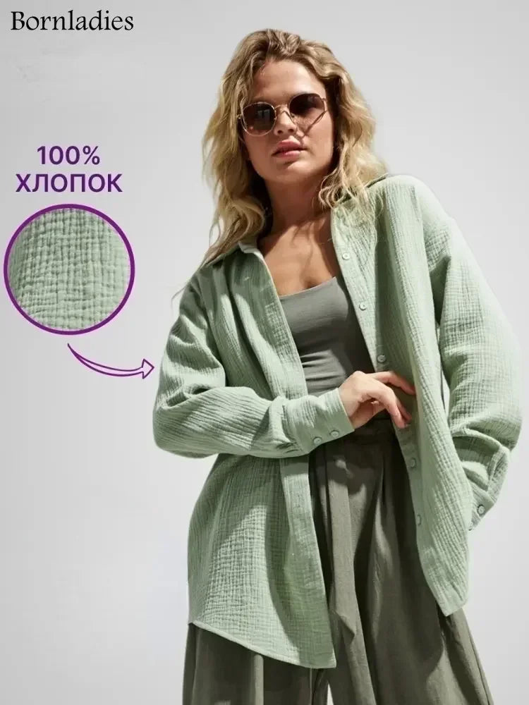 Bornladies 2025 Women's Spring Summer 100% Cotton Shirts Office Lady  Fashionable Solid Lady Long Sleeve Loose Tops Crepe Shirts.