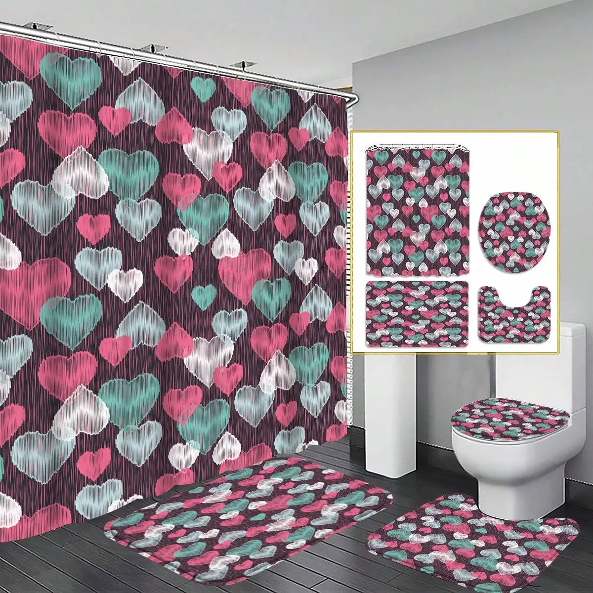 4-teiliges Badezimmer-Set, wasserdichter Stoff-Duschvorhang im Palast-Stil mit 12 Haken, rutschfeste Badezimmermatte, U-förmige Toilettendeckelabdeckung