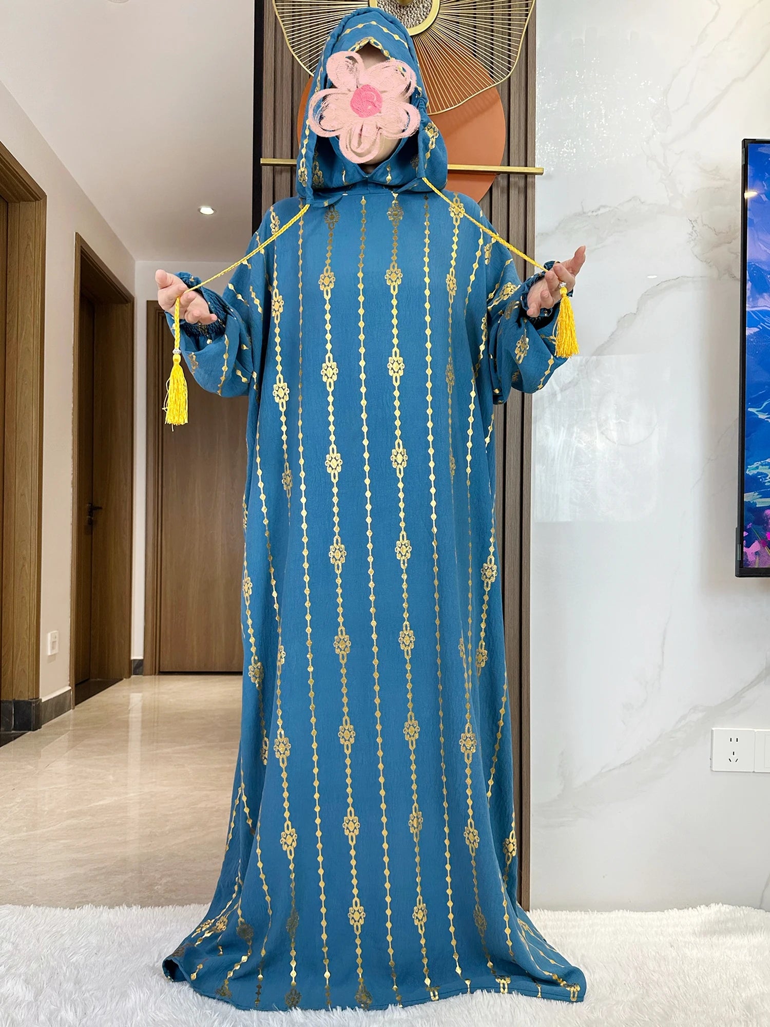 High Grade Cotton Fabric Ramadan Muslim Two-Hat Abaya Dubai Turkey Islam Prayer Clothes Gold Dust Dress Islam Women Dress Kaftan.