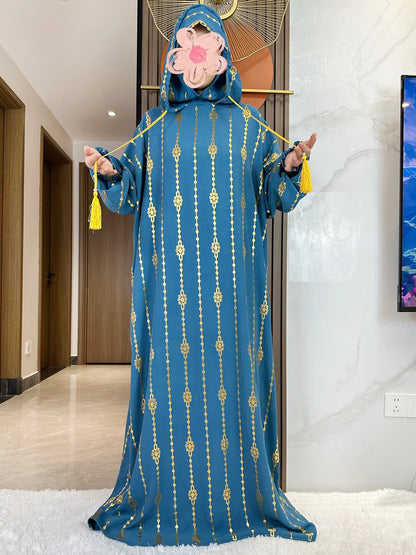 High Grade Cotton Fabric Ramadan Muslim Two-Hat Abaya Dubai Turkey Islam Prayer Clothes Gold Dust Dress Islam Women Dress Kaftan.