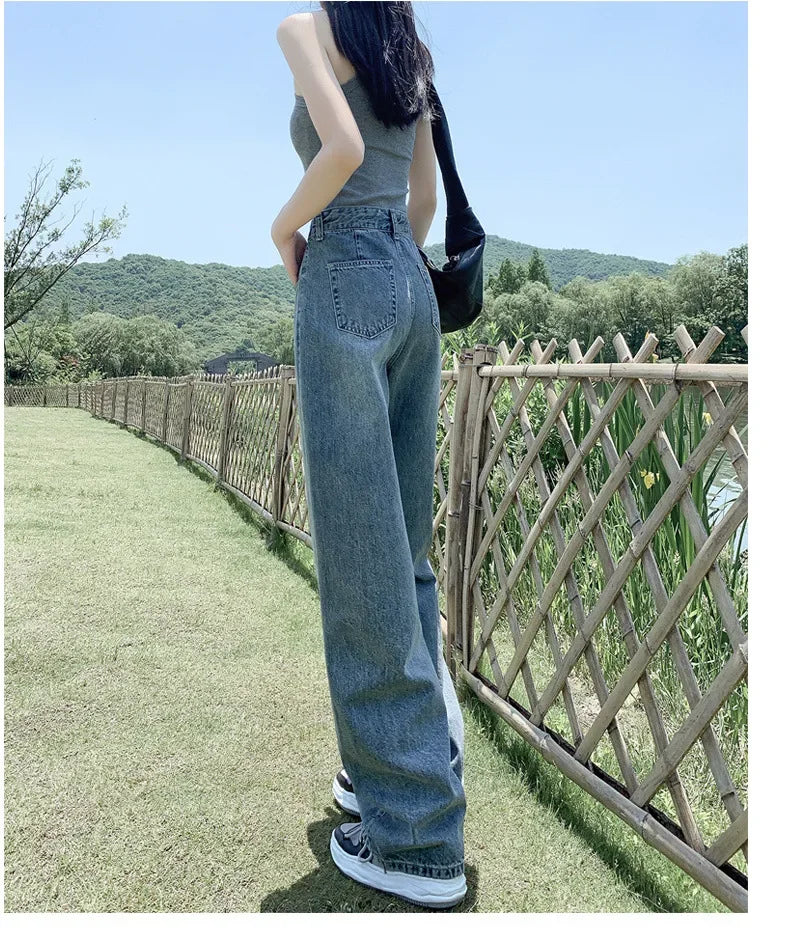 High Waist Straight Leg Jeans Women's Summer New 2025 Small Size Wide Leg Loose Drapey Slimming Floor-Length Pants.