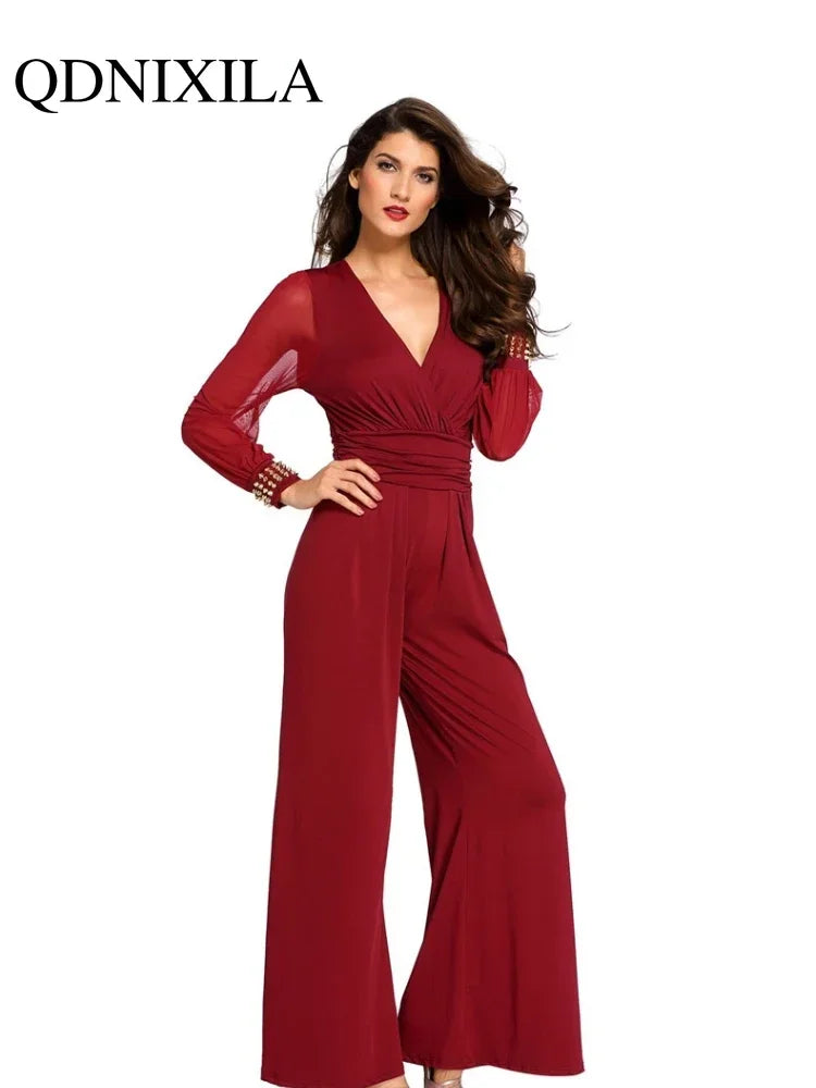New In Spring Summer Women's Jumpsuit Black V-neck Mesh Splicing Straight One-piece Female Jumpsuit Sexy Streetwear Clothes.