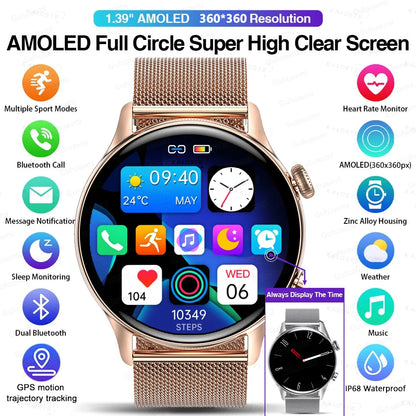 2025 New Smartwatch Women AMOLED HD Screen Always On Display Bluetooth Call IP68 Waterproof GPS Smart Men Watch For Android ios.