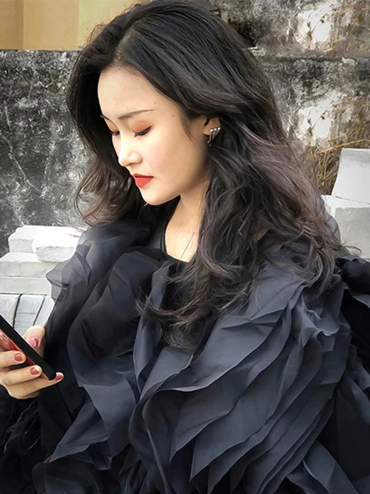 TWOTWINSTYLE Elegant Patchwork Ruffles Chiffon Blouses Women O Neck Lantern Long Sleeve Loose Shirt Female Clothing Fashion.