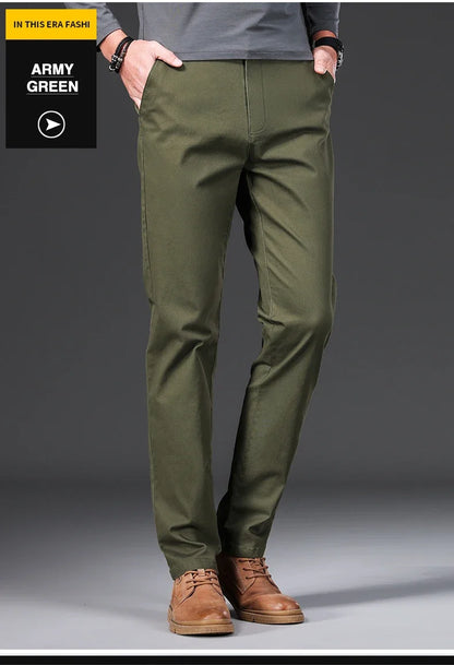 97% Cotton Men's Casual Pants Autumn Fashion Comfortable Elastic Slim Straight Business Trousers Black ArmyGreen Khaki.