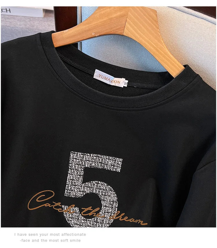 175kg plus size Damen büste Frühling Herbst loser Rundhals ausschnitt bedrucktes Langarm-Sweatshirt schwarz orange 5xl 6xl 7xl 8xl 9xl