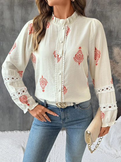 Women's Printed Casual Trendy Stand Collar Single-breasted Loose Shirts European New Fashion Female Ethnic Clothes Tops Cardigan.
