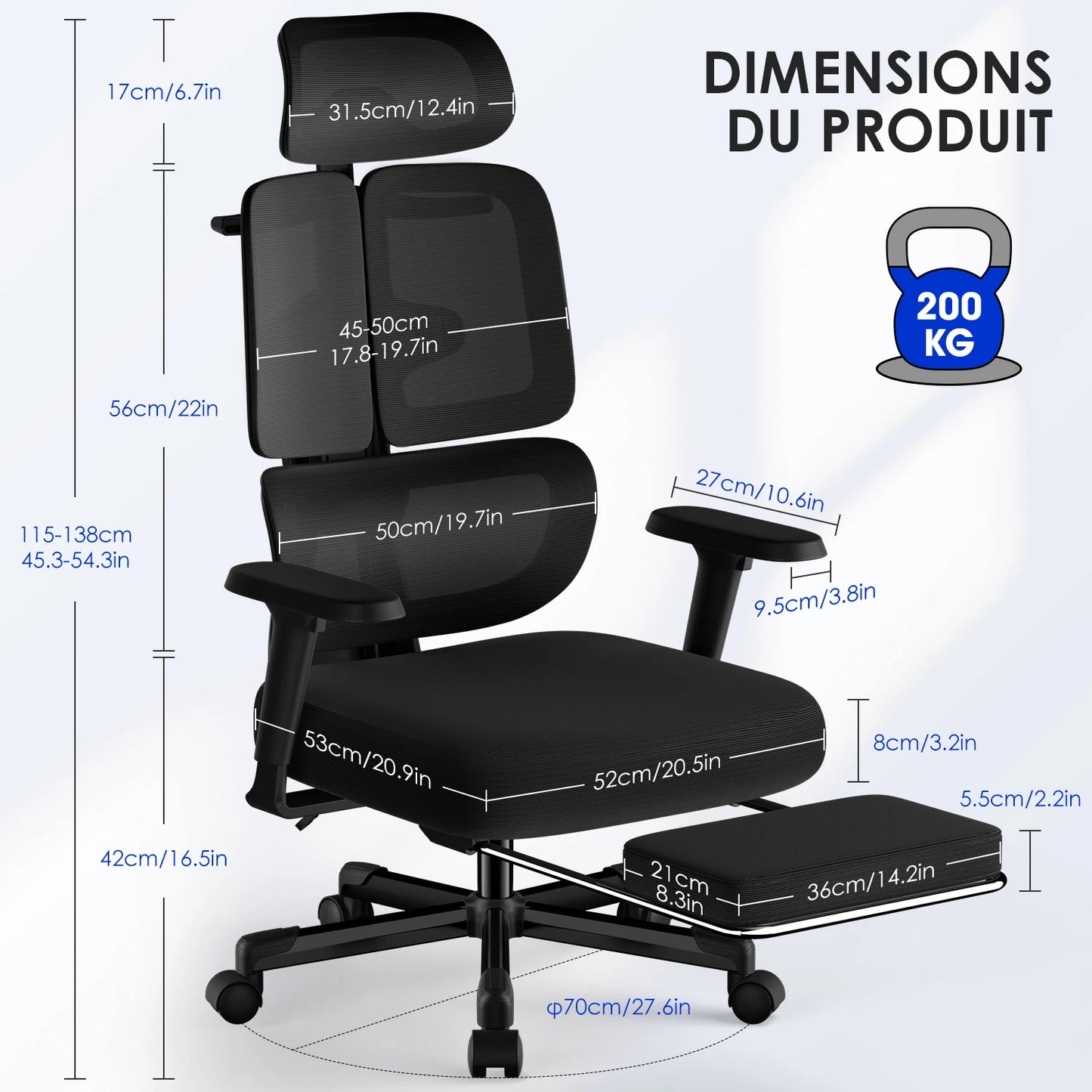 AUTHMIC Premium Ergonomischer Bürostuhl mit 6D-verstellbaren Armlehnen, 3D-Kopfstütze, 3-Zonen-Rückenlehne, 200 kg Tragkraft, Liegestuhl 90 ° -160 °