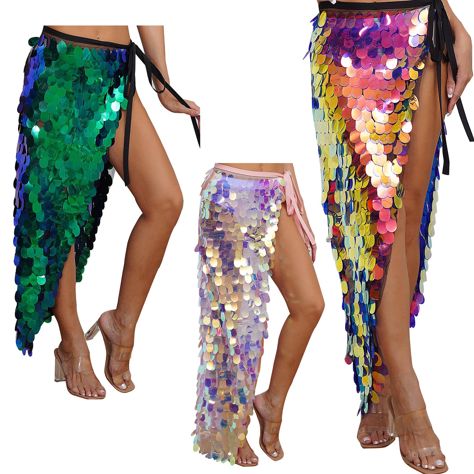 Womens Sequins Dance Skirt Lace-Up Mermaid Hip Scarf Wrap Long Belly Dance Hip Skirt Festival Dance Stage Performance Costumes.