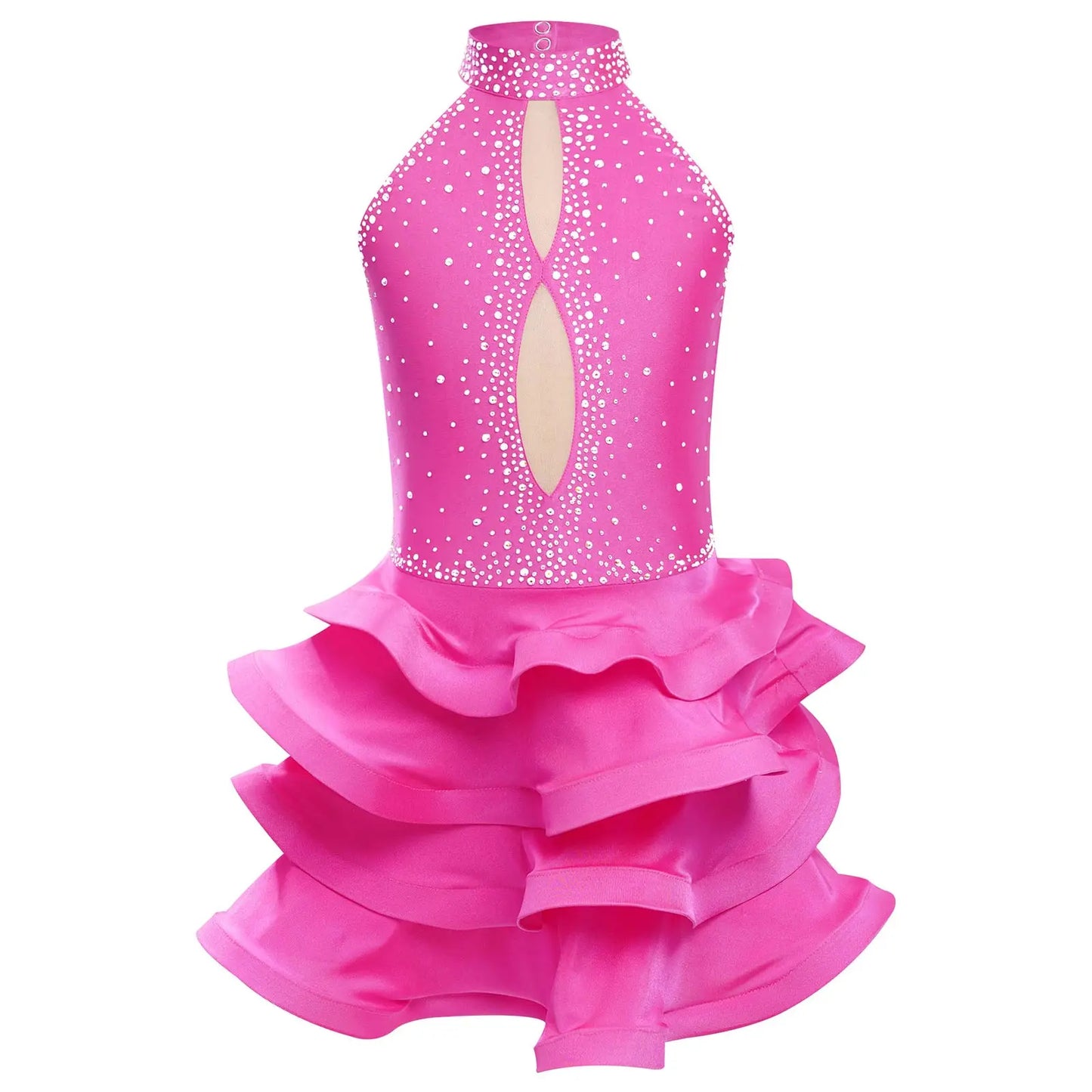 Eiskunstlauf-Kostüm für Teenager-Mädchen, lateinamerikanischer Tanz, Cha-Cha, Tango, Performance-Tanzbekleidung, ärmelloses, gestuftes Kleid mit Strasssteinen.