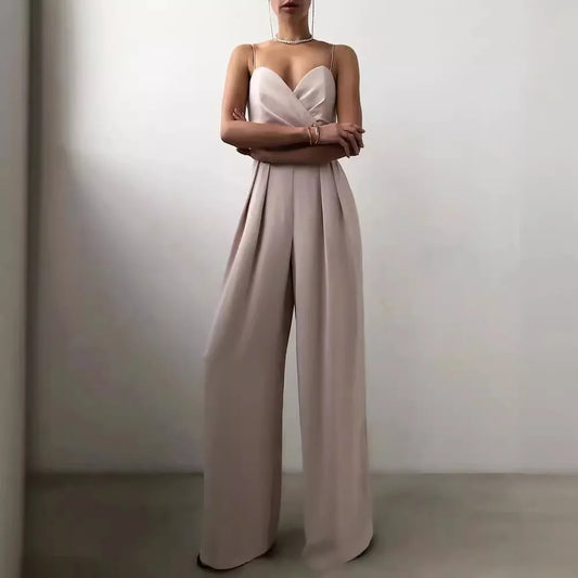 Summer Women's Sexy Sleeveless Spaghetti Jumpsuit Fashion Elegant Commuter High Waist Wide Leg Solid Color Casual Floor Pants.