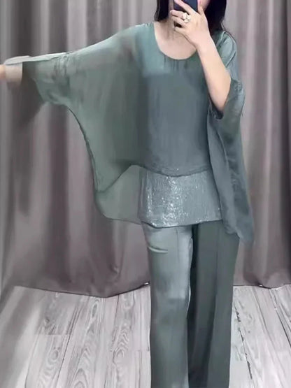 Fashion 2 Piece Set Party Outfits New Spring Summer Elegant Women's Suit Casual Bat Wing Sleeve Blouse Top with Wide Leg Pants.