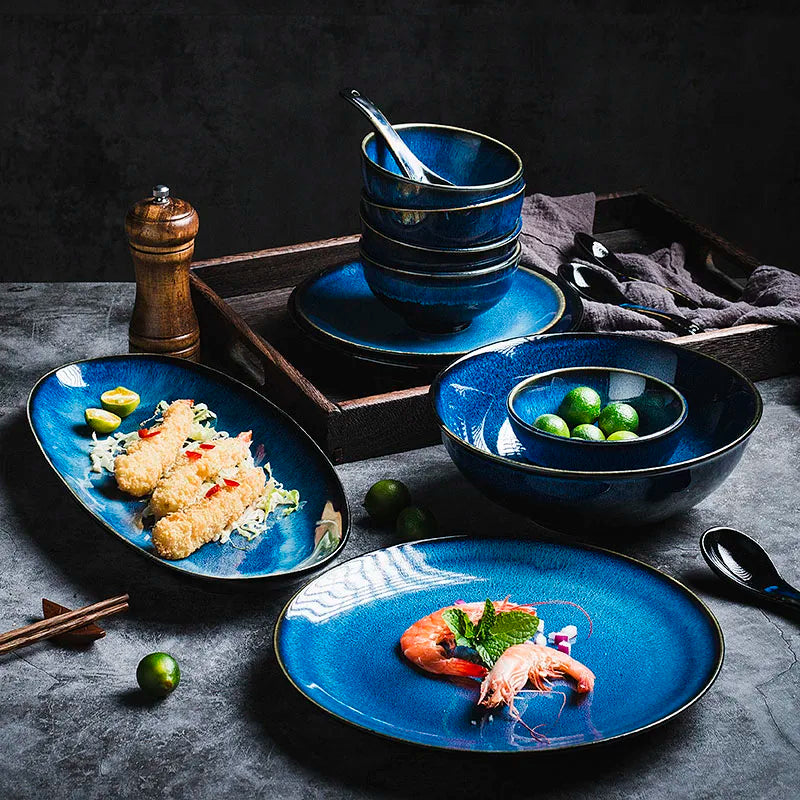 Japanese Blue Kiln Change Ceramic Tableware American Tableware Retro Household Dishes Set Rice Bowl Dishes Restaurant Plate.