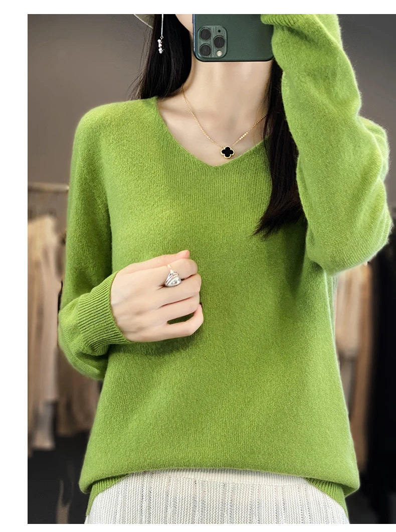 Women 100% Merino Wool Sweater V-Neck Basic Pullover Autumn Winter Cashmere Clothing Long Sleeve Soft Knitwear Tops Solid Color