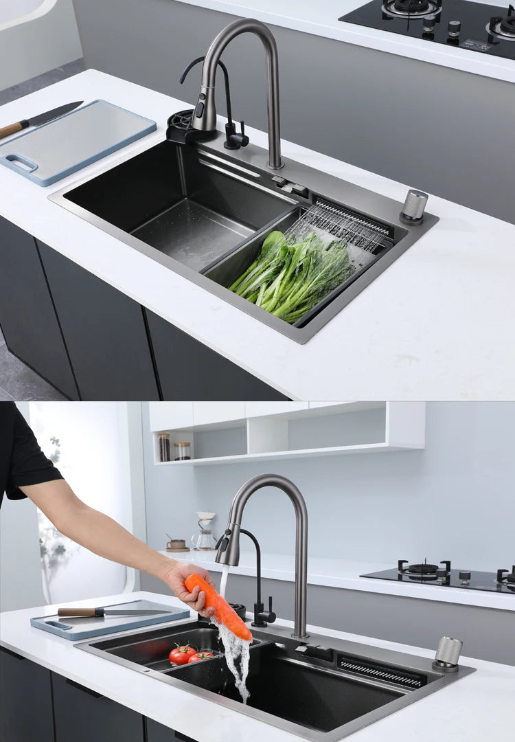 Stainless Steel New Kitchen Sink Household Piano Keys Multifunctional Waterfall Large Single Slot Dish and Vegetable Wash Basin