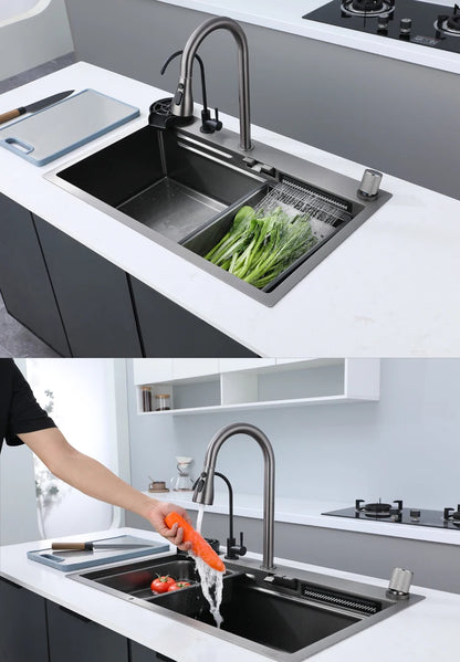 Stainless Steel New Kitchen Sink Household Piano Keys Multifunctional Waterfall Large Single Slot Dish and Vegetable Wash Basin