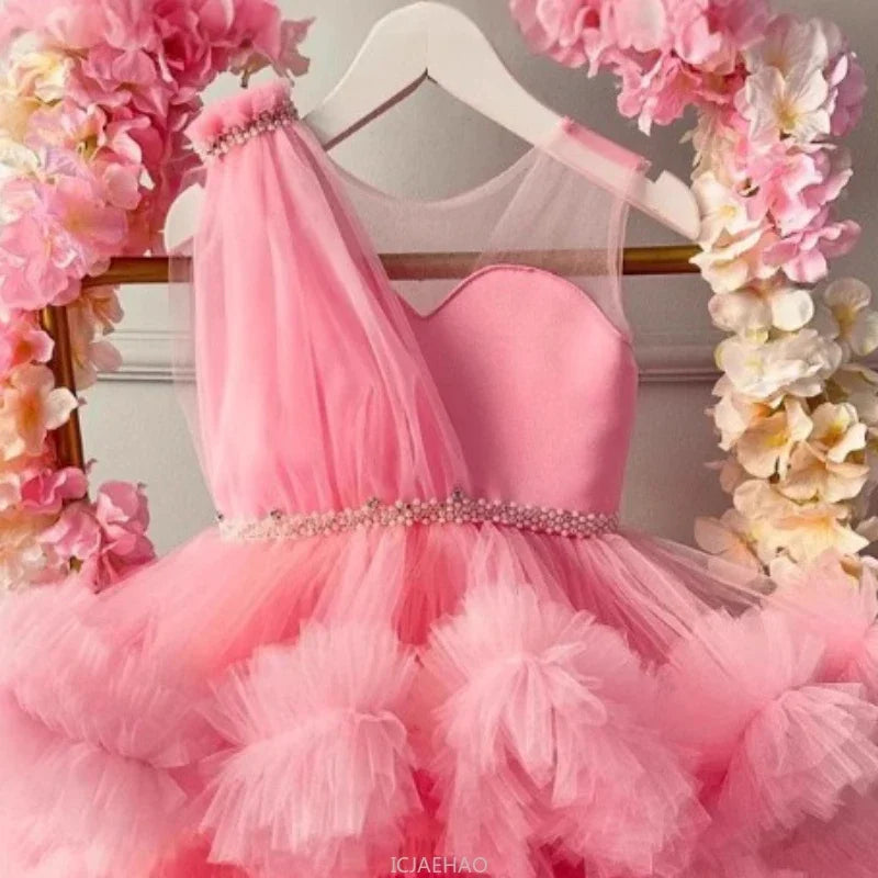 2025Pink Mädchen Sommer Hostess Prinzessin Formale Kleid Kinder Klavier Leistung Outfit Bankett Kleid Blumen Mädchen Hochzeit.