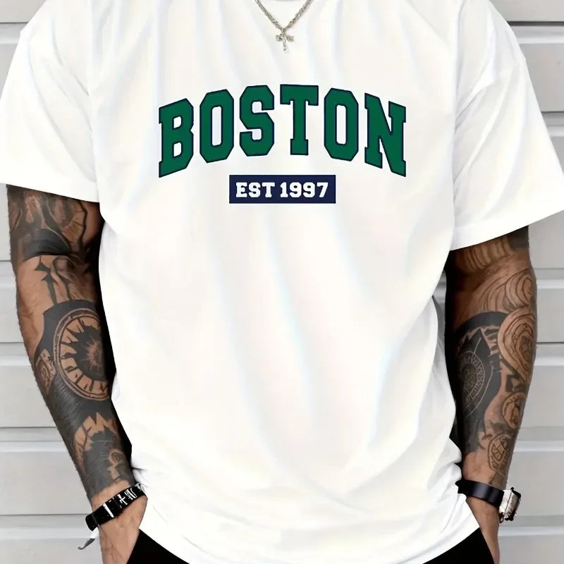 Boston EST1997 vintage printed men's new 100% cotton T-shirt Fashion casual loose summer cotton short-sleeved T-shirt.
