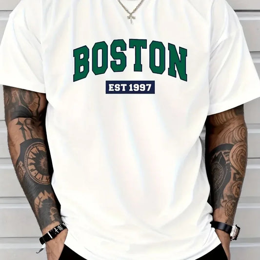 Boston EST1997 vintage printed men's new 100% cotton T-shirt Fashion casual loose summer cotton short-sleeved T-shirt.