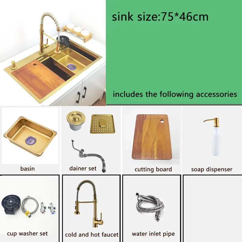 Gold Wasserfall Wasserhahn Küchenspüle Nano Waschbecken 304 Edelstahl Golden Topmount Single Bowl Waschbecken 4-Funktions-Küchenarmatur