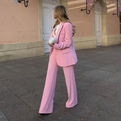 Women's Blazer New Spring Elegant Casual Office Lady Pink Jacket Coat Fashion High Waist Loose Wide Leg Trousers Pant Suit.