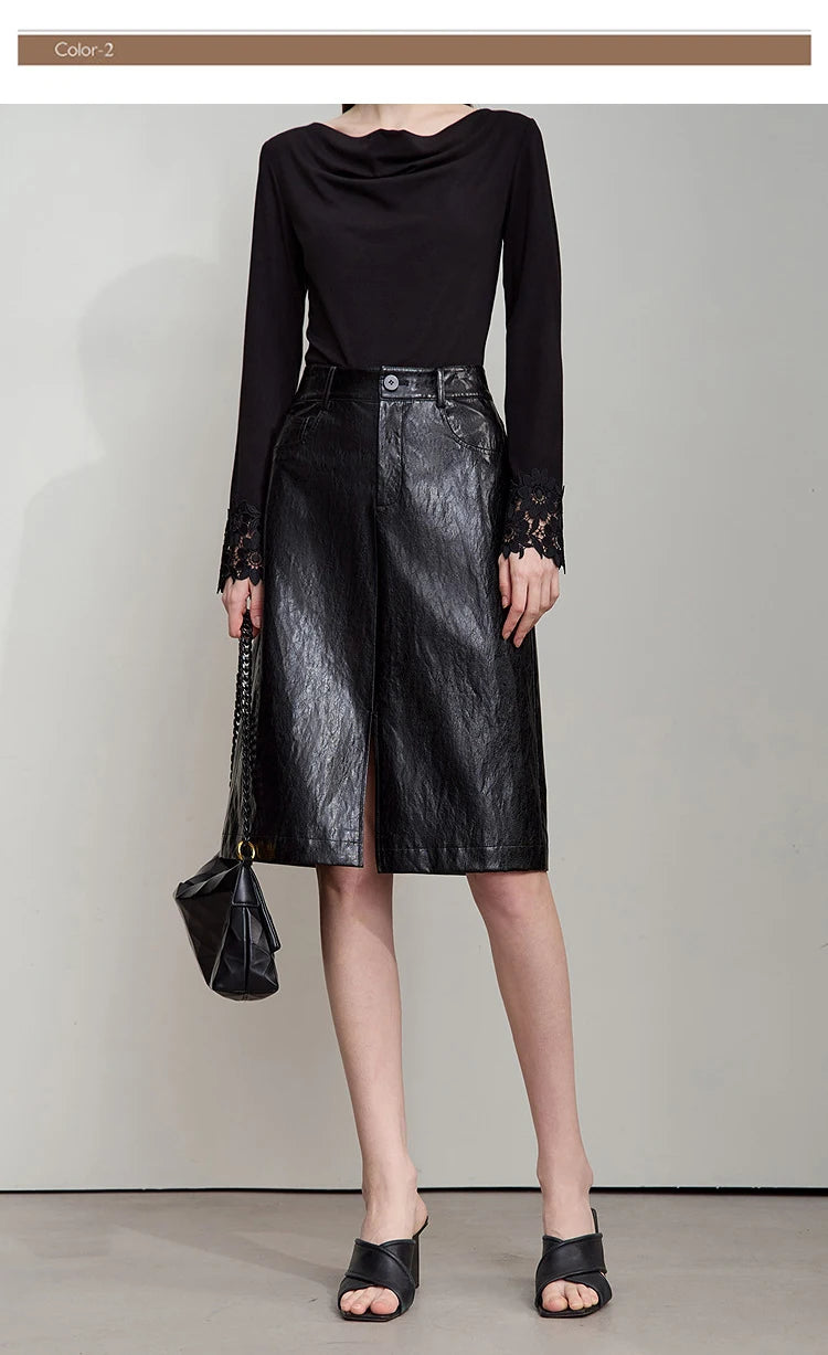 AMII Minimalist PU Leather Skirt For Women 2025 American Retro Knee-Length Skirt Solid Basics Business Women's Clothing 12553014