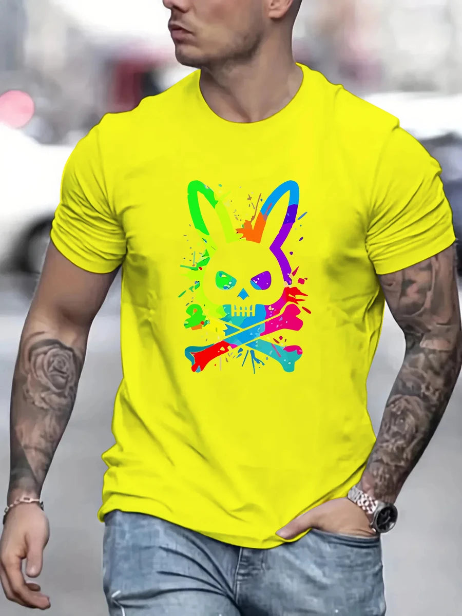 Men's summer 100% pure cotton fashionable casual loose color skull and rabbit print sports round neck short sleeved T-shirt top.