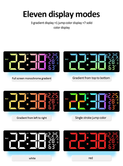 17-Zoll großer digitaler Wecker mit 11 Farben und dynamischem RGB-Display, RGB-LED-Wanduhr mit Farbwechsel/Doppelalarm/Raumdekoration