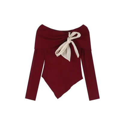 Red One-Shoulder Long-Sleeve Knitted Sweater Women's Spring New Year Slim Fit Short Top Butterfly Knot Decorated Cotton T-shirt.