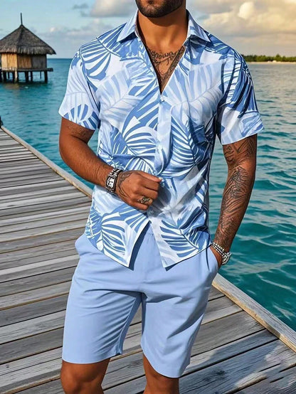 Hawaiian Monstera Leaf Print Men's Shirt and Shorts 2-Piece Set Casual Vacation Men's Shirt Set Short Sleeve Button Shirt.