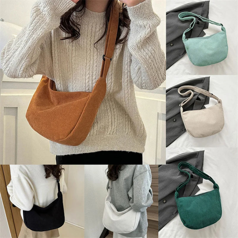 Corduroy Shoulder Bag Minimalist Crossbody Bag Women's Handbags Fashion Fabric Underarm Bag Solid Color Zipper Female Handbag.