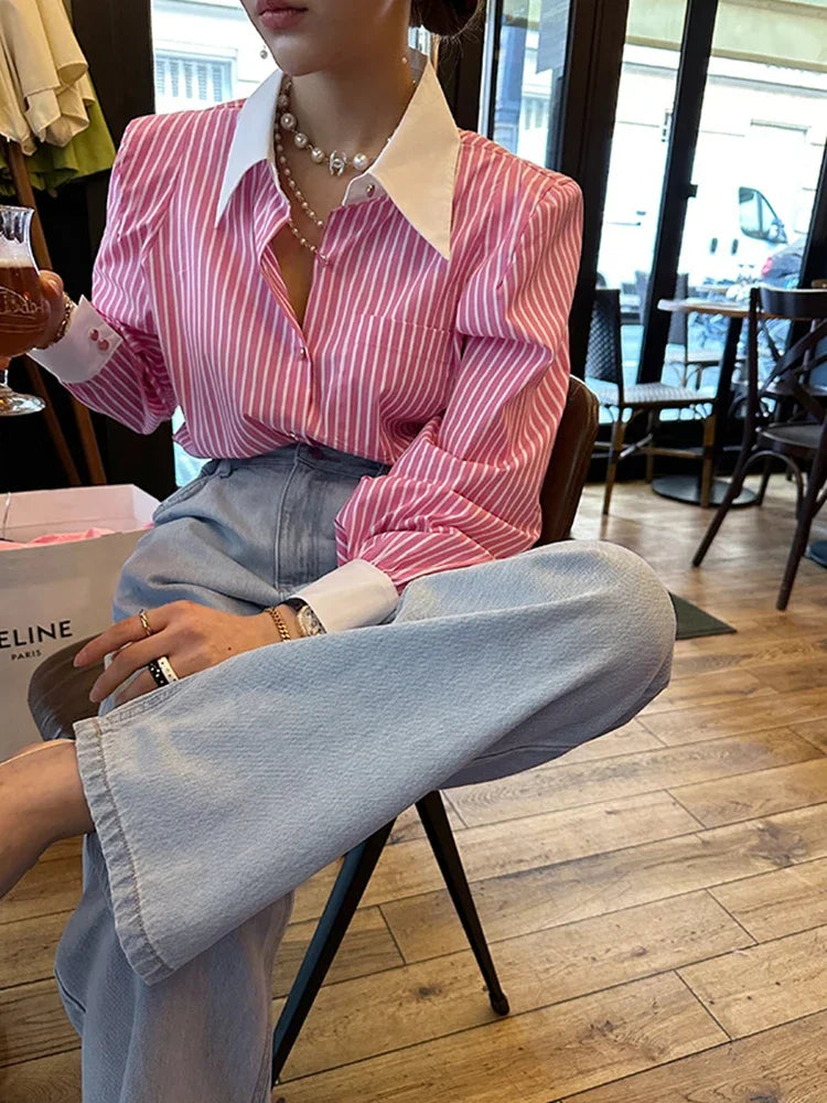 Jmprs Elegant Women Shirts Korean Striped Red Fashion Turn Down Collar Office Ladies Tops Long Sleeve Causal Female Blouse.