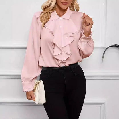 Spring Autumn Shirts Fashion White Ruffled Elegant Blouse Tops Women New Long Sleeve Lapel Woman Shirt Solid Office Ladies Tops.