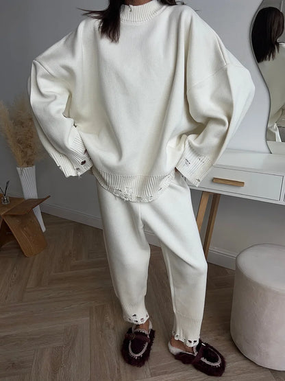 Bornladies Autumn Winter Women's New Turtleneck Knit Sweater Skinny Knit Pants Set Soft Oversized Ripped Hem Fashion Pullover.