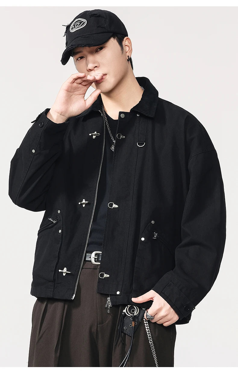 Men Washed Cotton Metal Buckle Streetwear Vintage Loose Casual Short Bomber Cargo Jacket Couple Spring Autumn Coat Outerwear.