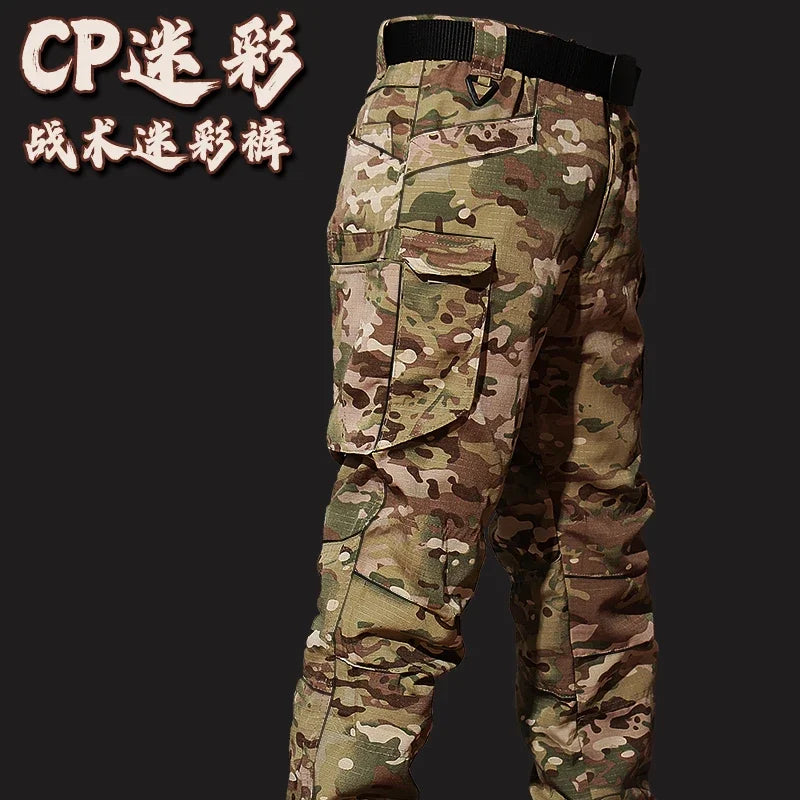 Autumn Tactical Sets Men Outdoor Breathable Short Sleeve Tshirt+Waterproof Straight Pant 2 Pcs Suits Camo Multi-pocket Cargo Set.