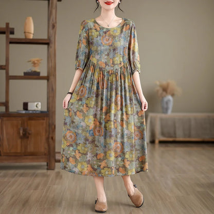 Kurzarm übergroße Baumwolle Satin Vintage Blumen neu in Kleidern für Frauen lässig lose lange Sommerkleid elegante Kleidung.
