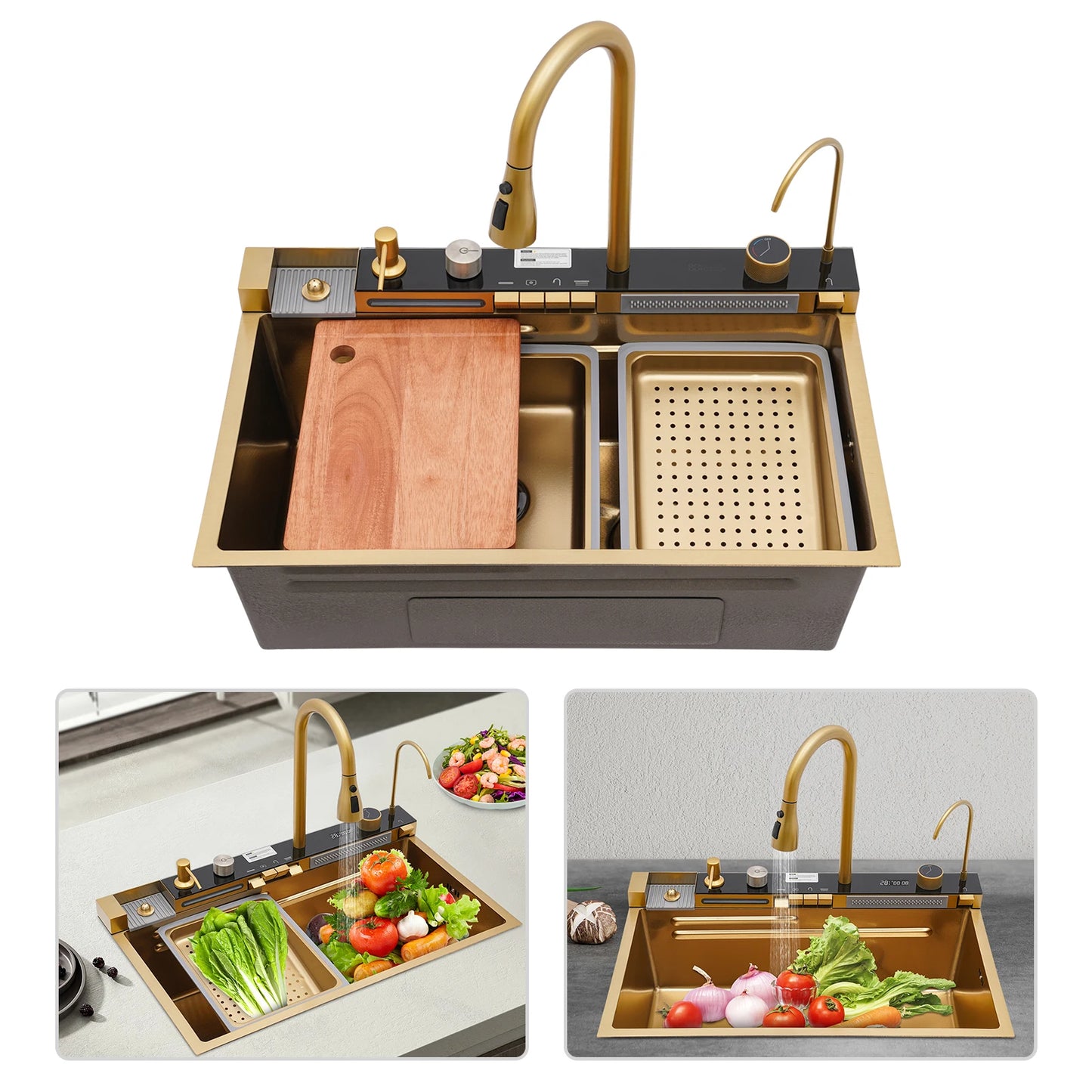 Wasserfall-Küchenspüle aus Edelstahl 304, 75 x 46 cm, multifunktionaler Wasserhahn mit digitalem Bedienfeld